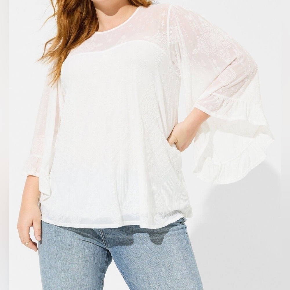 Torrid Flocked Mesh Crew Neck Bell Sleeve Swing Top (3X)